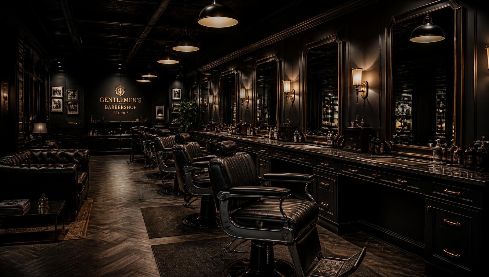 Interior elegante da Dutra Barbershop com cadeiras de couro e iluminação dourada